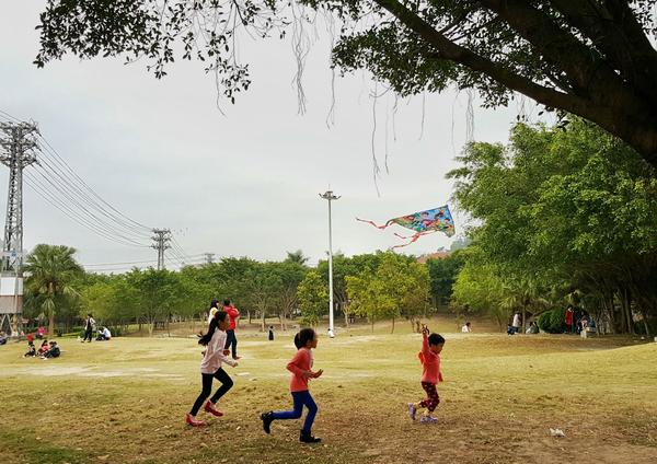 有一次去公园,看到几个小孩在放风筝,也是随手用手机拍了下来