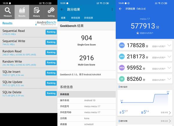 1跑分数据为单核904,多核2916 魅族17 pro的geekbench5.