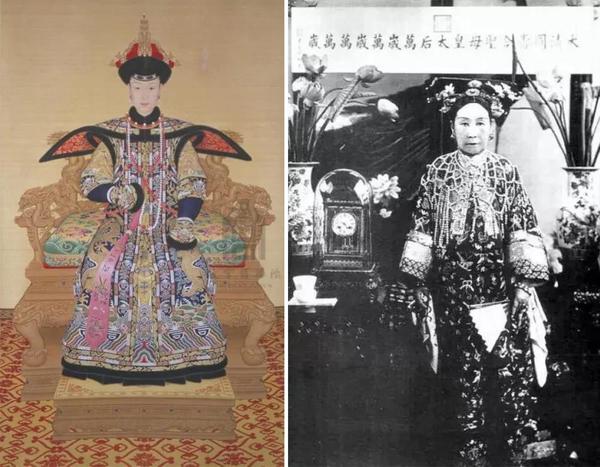 清乾隆,孝贤纯皇后朝服像(左)慈禧老佛爷珍珠云肩(右)
