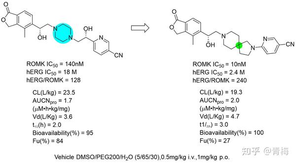 例如,在开发肾髓质外钾通道(romk)抑制剂时,利用螺环代替哌嗪环, romk