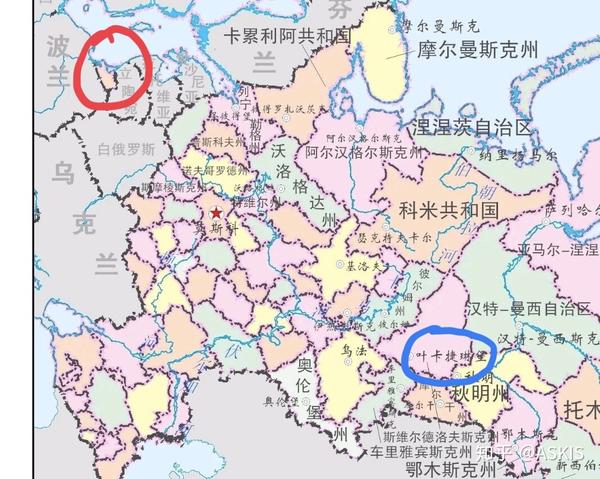 红色小圈:加里宁格勒地区 蓝色小圈:叶卡捷琳堡 我本人留学的城市