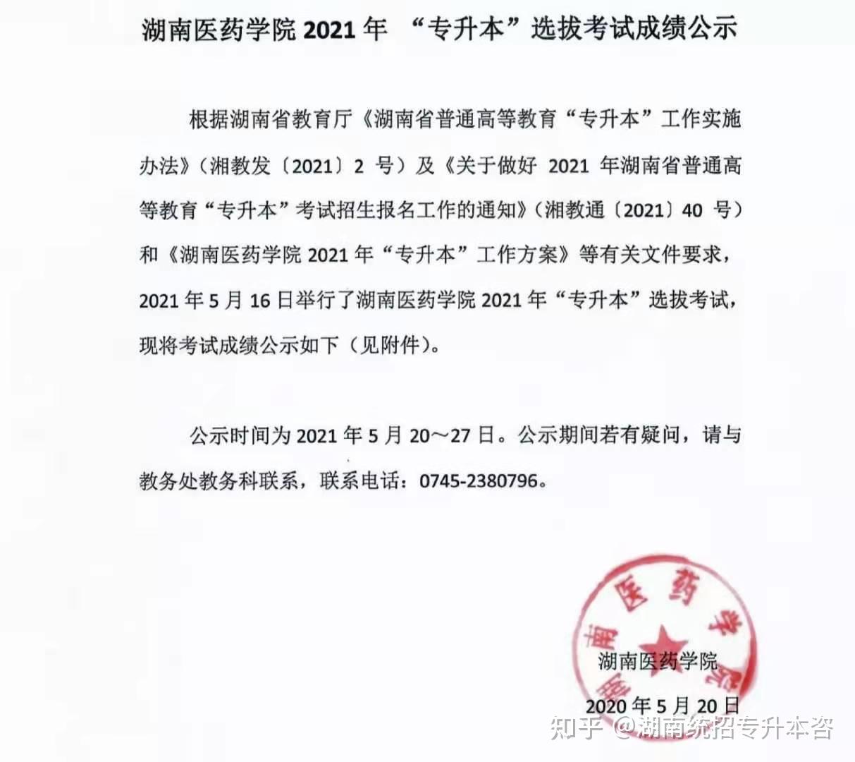 湖南医药学院2021专升本成绩公示