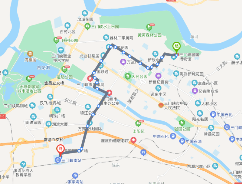 河南三门峡火车南站观光巴士2号线公交车路线:首末班:08:30-17:30