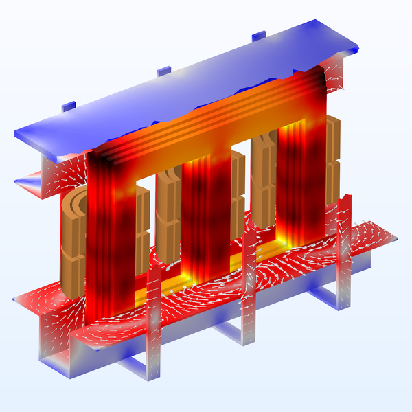 在 comsol multiphysics 中建立的三相变压器模型.