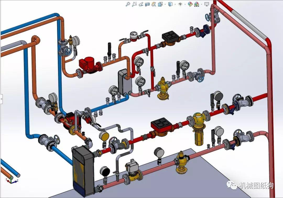 【工程机械】供热变电所管道系统模型3d图纸 solidworks设计