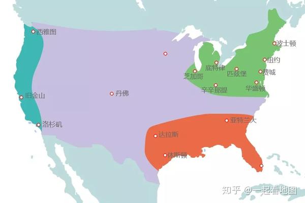 美国三大工业区和主要工业城市,北方的工业城市的数量明显多于其他