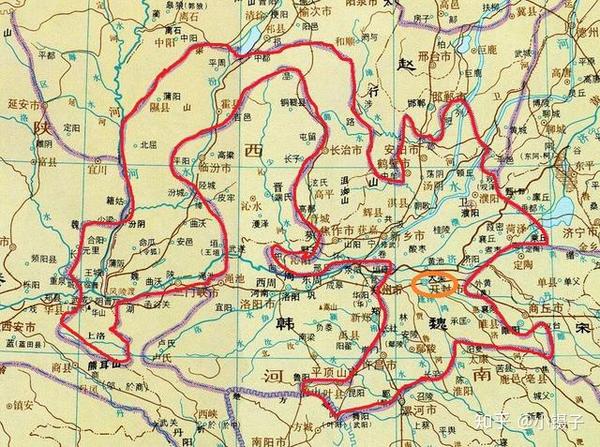 后迁至新郑,疆域包括山西中部,河南西部陕西东南部(一小块),长平之战