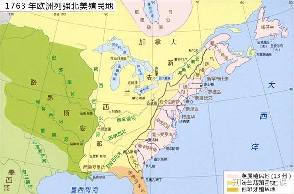 18世纪中期欧洲列强北美殖民地地图