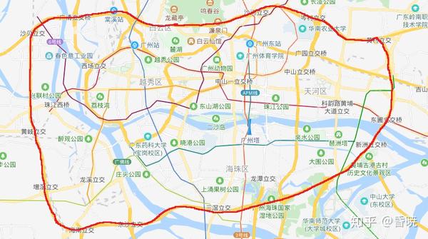 红线标出即为广州环城高速,注意7,9,13,14和21号线等线路均未出现在图