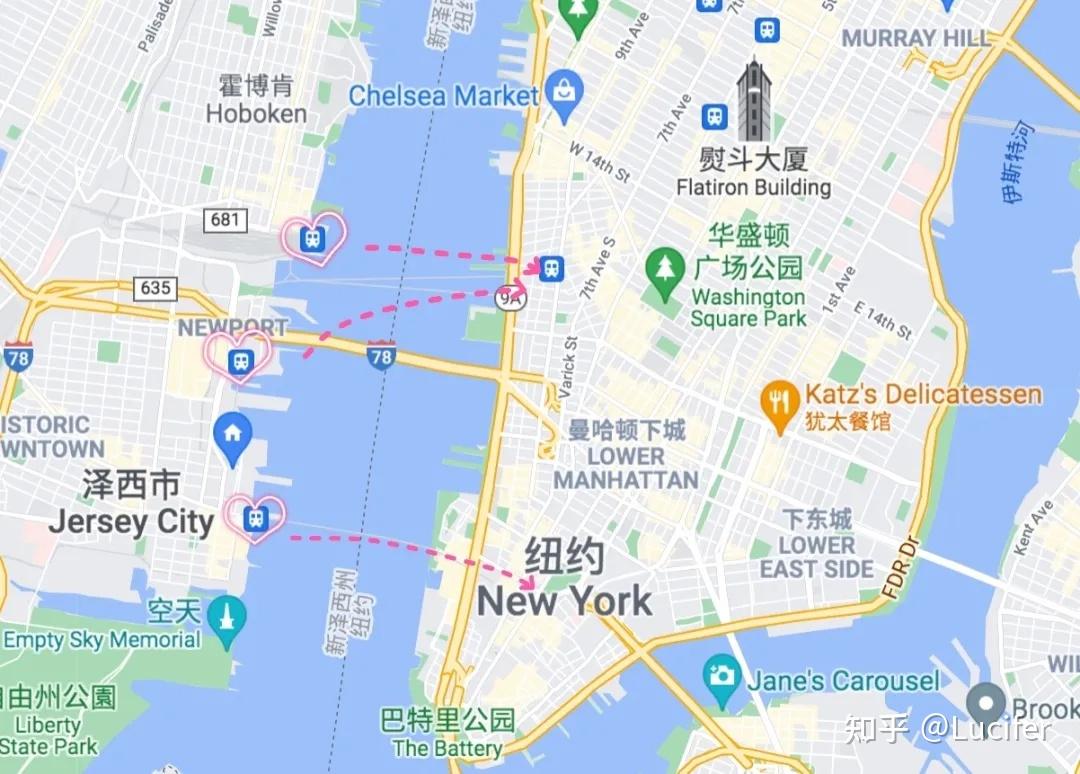 jersey city距离曼哈顿下城只有一河之隔,从地图中标注的桃心位置上岛