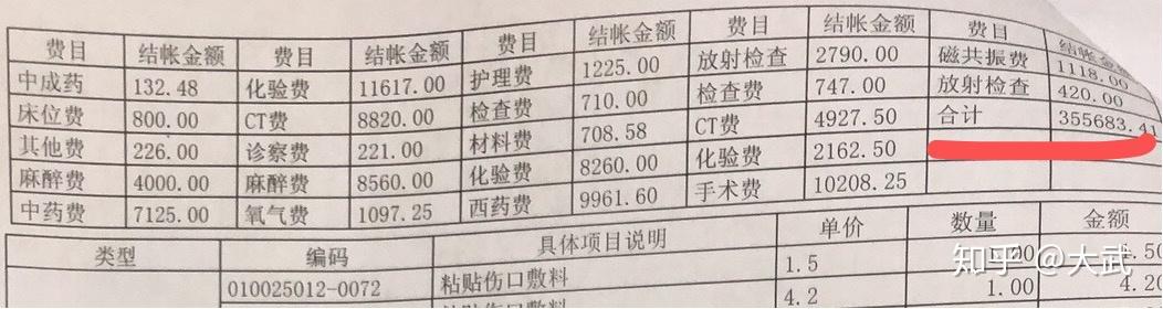 第一次出院的结算单共计11页,费用35万多;长长的材料和用药清单,可以