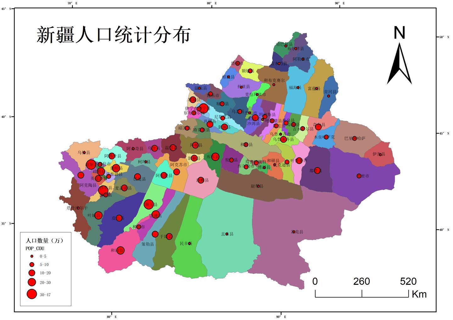 (49)专题图制作之人口地图(2)——新疆行政区人口分布