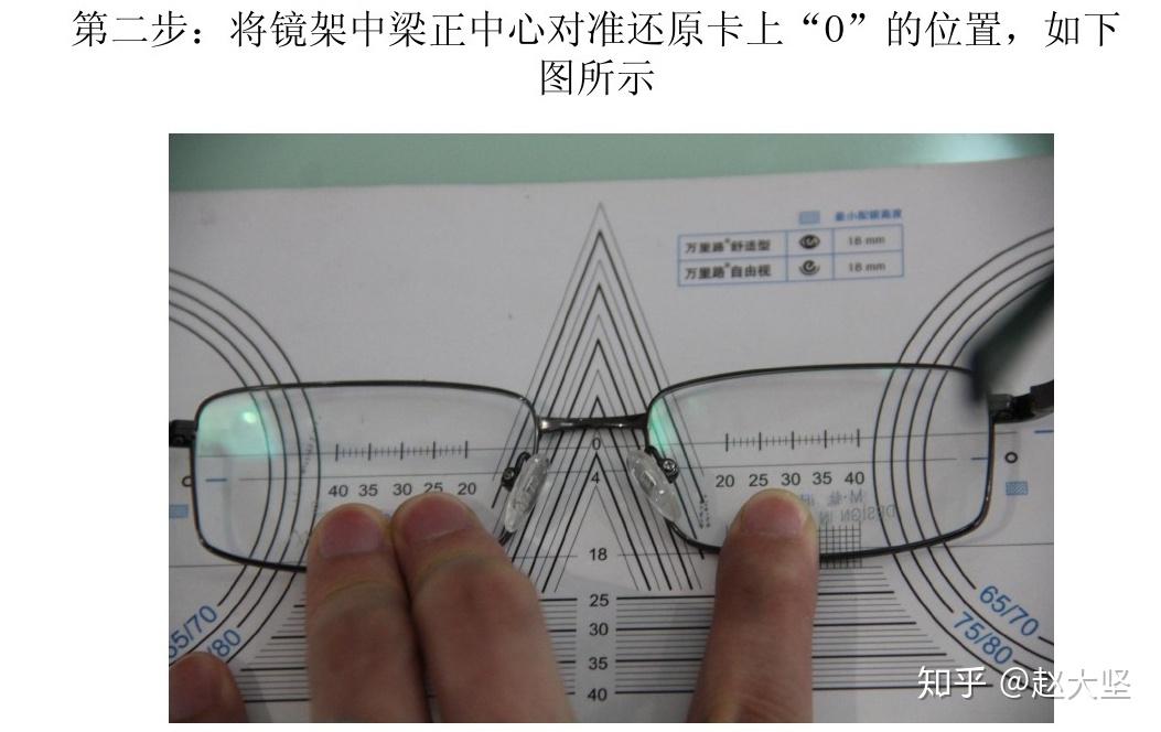 b 找出镜片测量表格a 调整好镜框倾斜角度,镜眼距离,高度.