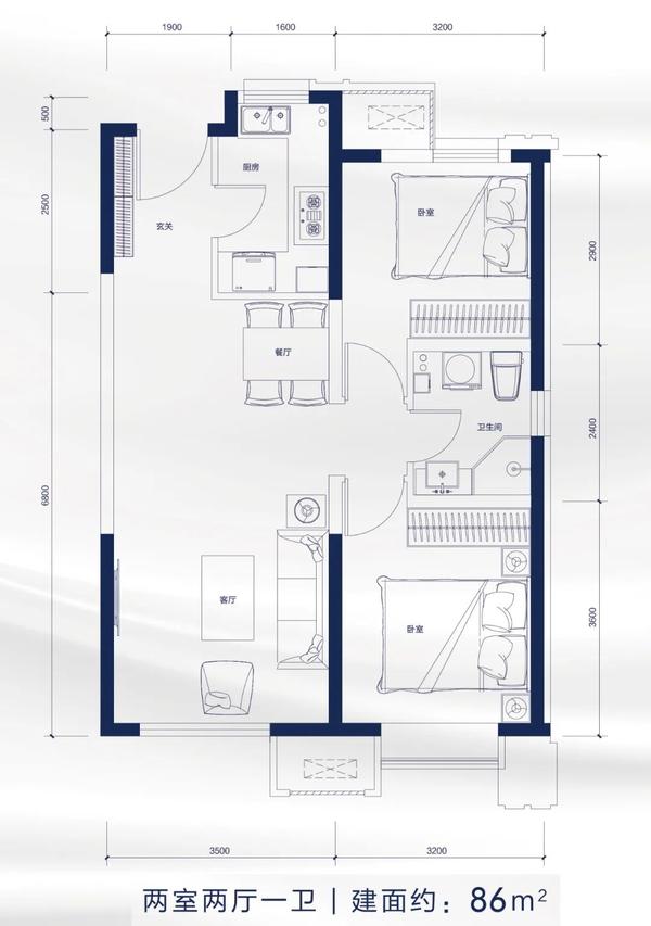 建面约80平米户型为两室一厅一卫设计,户型小,总价低,首付57万起即可