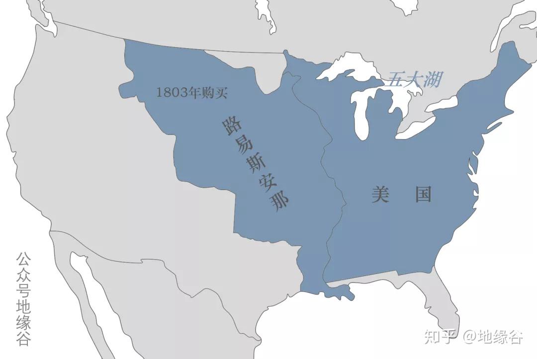 1803年,美国向法国购买超过214万平方公里的路易斯安那领地,以1500万