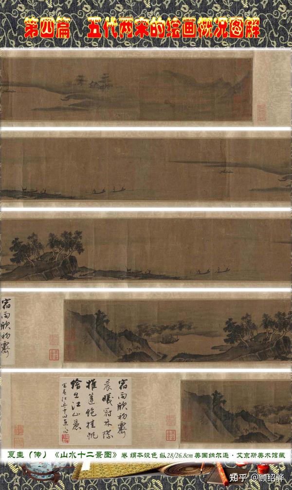 米,现残存四景,从画面右边起分别署"遥山书雁","烟村归渡","渔笛清幽"