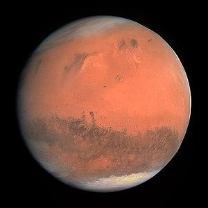 火星的真实色彩影像,2007年2月由罗塞塔号拍摄,源自维基百科