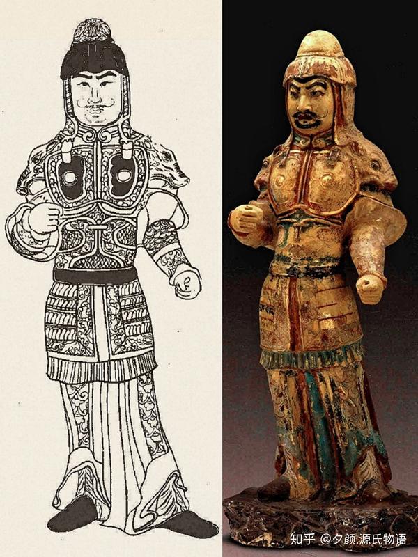 彩绘贴金甲胄武士俑 唐 出土于陕西省郑仁泰墓 身着明光铁铠的唐军