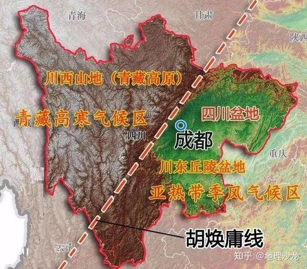四川盆地地形图 从四川的西部到东部,地势不断降低,从海拔最高的贡嘎