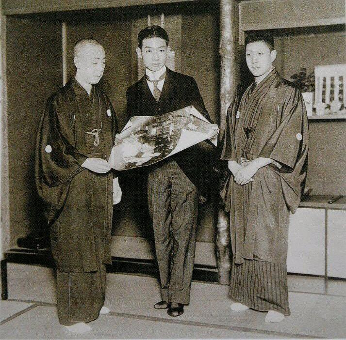 梅兰芳访日,与歌舞伎名家·五代目中村歌右卫门及子合影,京剧大师与
