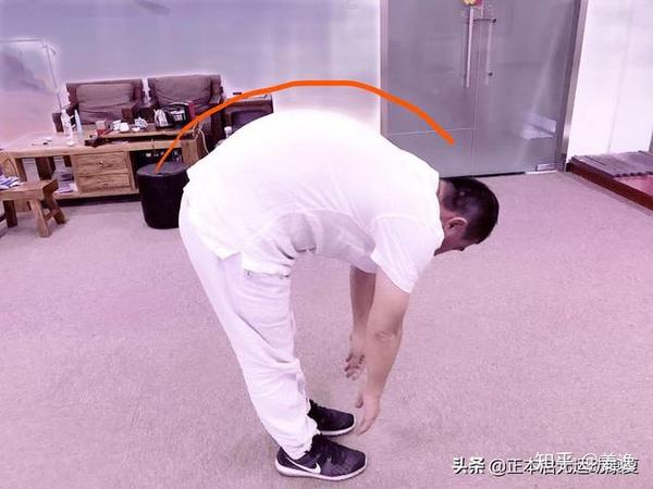 反复腰痛者的弯腰姿势,可以看出腰背部的受力状态