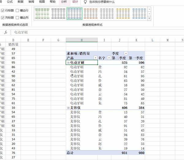 excel数据透视表样式选项