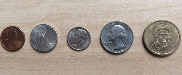 (左起penny,nickel,dime,quarter,half dollar,one dollar)