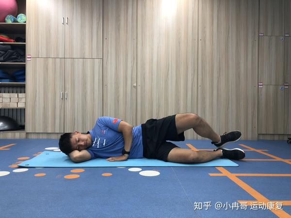 蚌式训练 侧卧位,双腿屈膝,骨盆不发生转动的情况下,将膝关节抬起