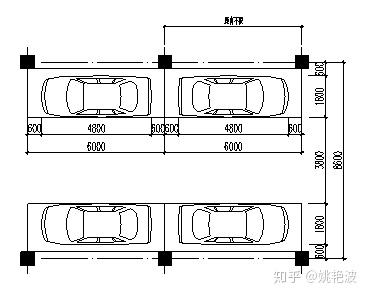 9,平行停车行车道与柱跨尺寸关系 车位尺寸=车长 车间距=4800 1200=