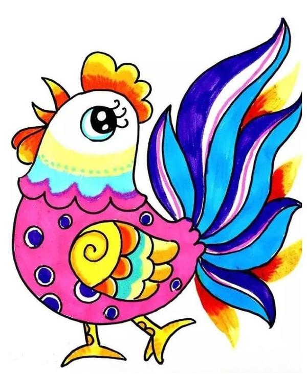 运用水彩笔开始为公鸡涂上颜色 表现出丰富的色彩美
