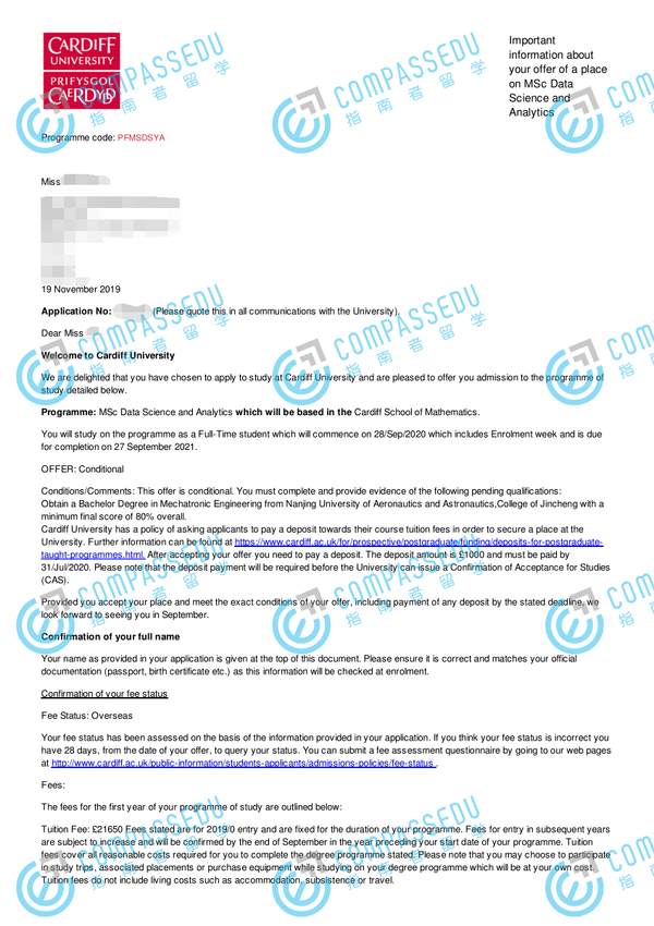 卡迪夫大学数据科学与分析学理学硕士研究生offer一枚
