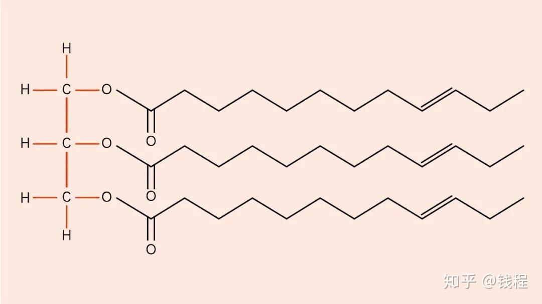 甘油三酯结构式示意图.左侧红色部分为甘油基团,右侧为   个脂肪酸