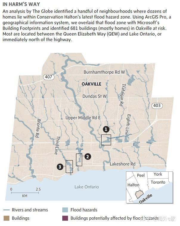 在保护区哈尔顿(conservation halton)最新的洪灾危险区地图中,有几十