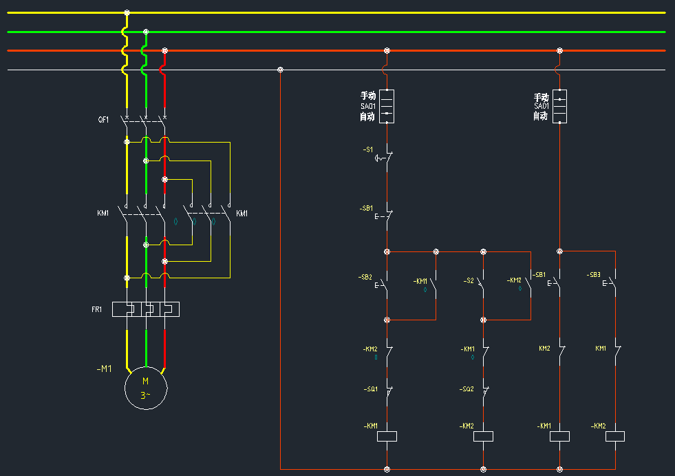 电路图设计 用两个按钮 一个急停开关 两个行程开关 一个手自动切换