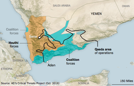 注:黄色区域为也门反政府胡塞武装所占领的区域,包括首都塞纳;绿色