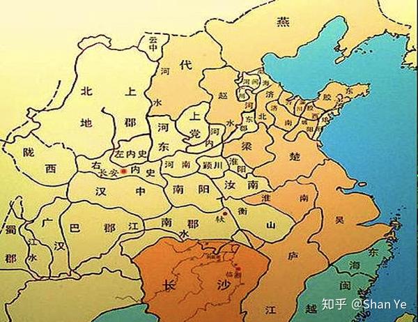 汉景帝时期的行政区划,浅黄色为郡,橙色为王国.图片来自百度.