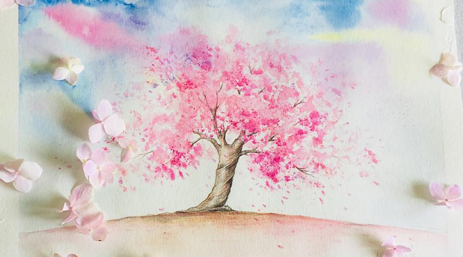 如何快速画一颗樱花树,水溶彩铅教程