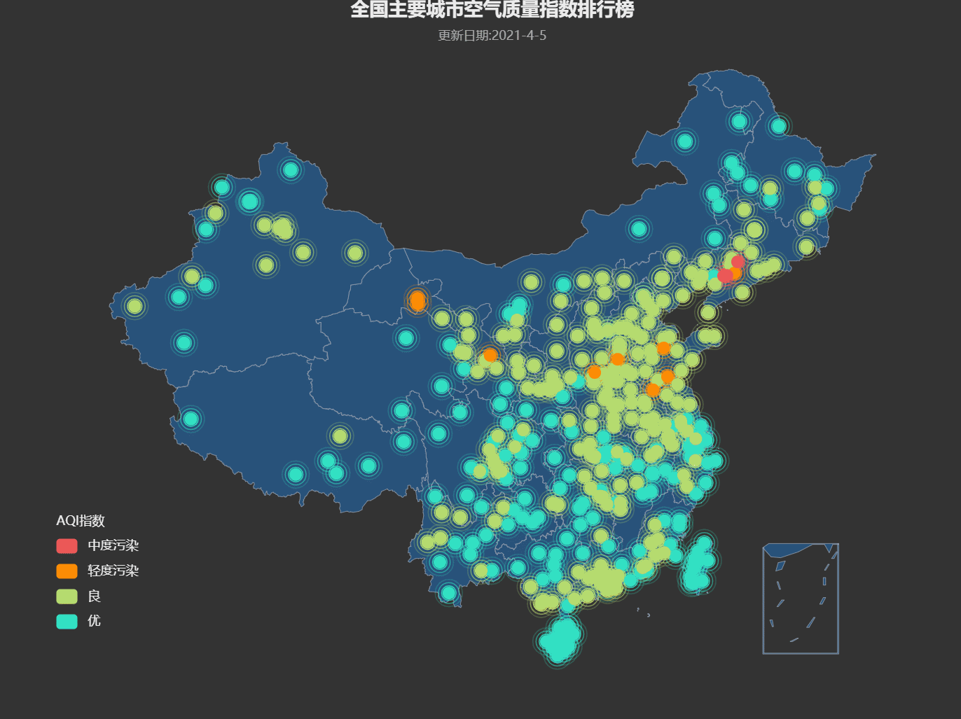 pyechart制作中国地图显示380个城市空气质量
