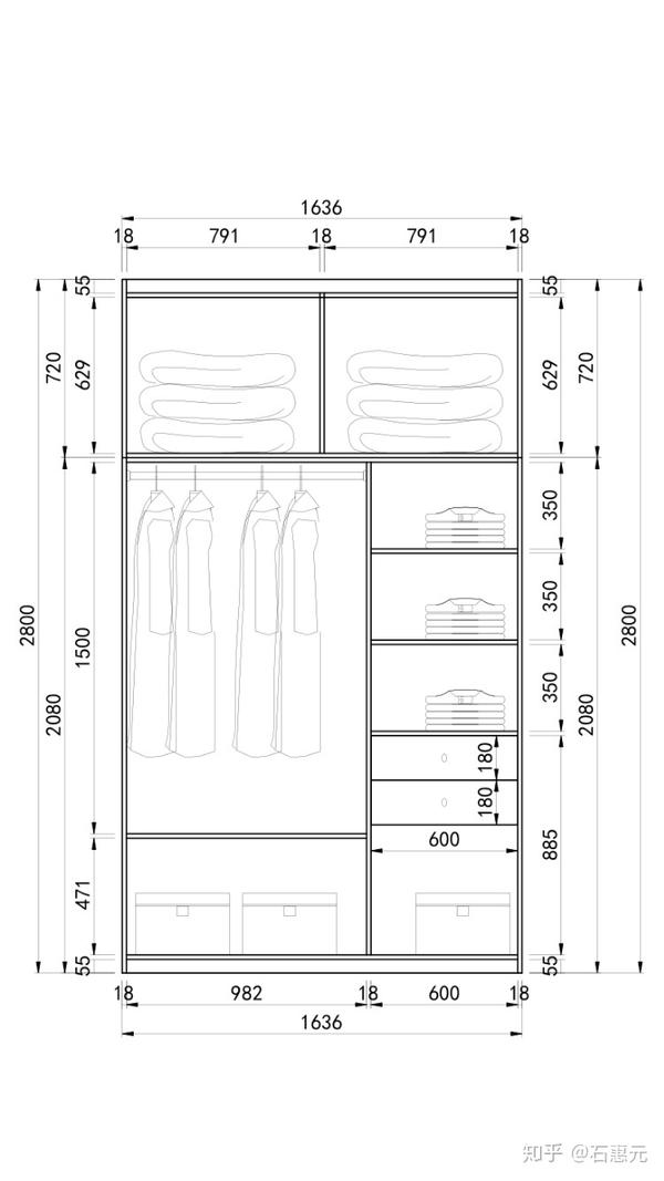 以上仅为2800高1600宽的衣柜普通设计,具体请结合使用者的生活习惯