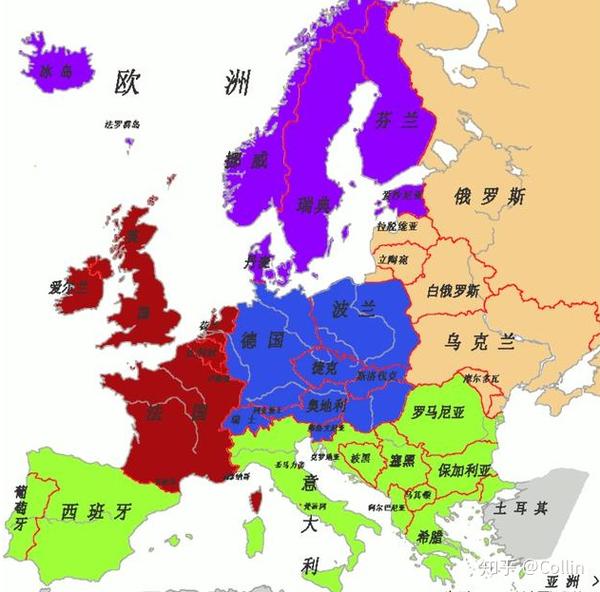 欧洲地图: 东欧(橘色),西欧(红色),南欧(绿色),北欧(紫色)以及中欧