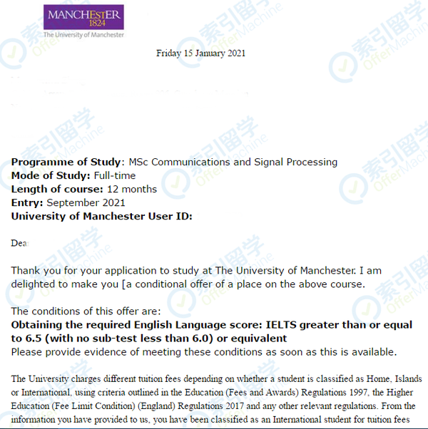 恭喜!成功获得曼彻斯特大学offer