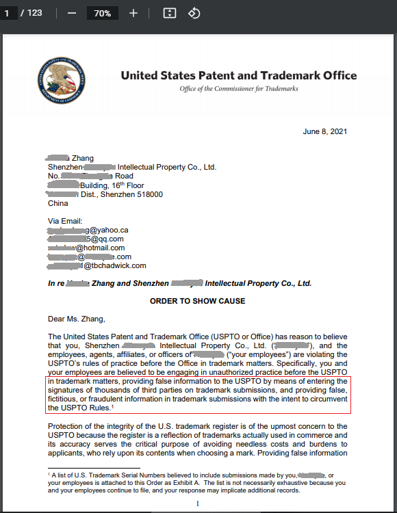 传14万个美国商标被强制撤销uspto对涉事公司发布文件