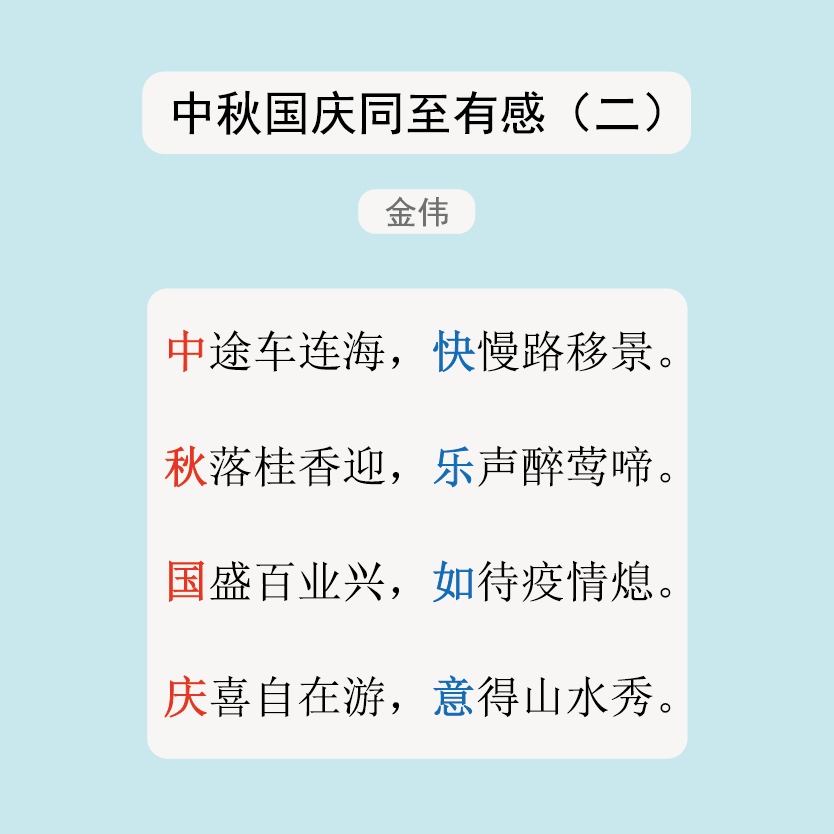 这是今天1号凌晨的时候写的藏头诗,中秋国庆同至有感