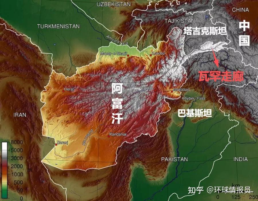 瓦罕走廊在阿富汗地图上也显得很突兀,似乎专门为了与中国接壤瓦罕