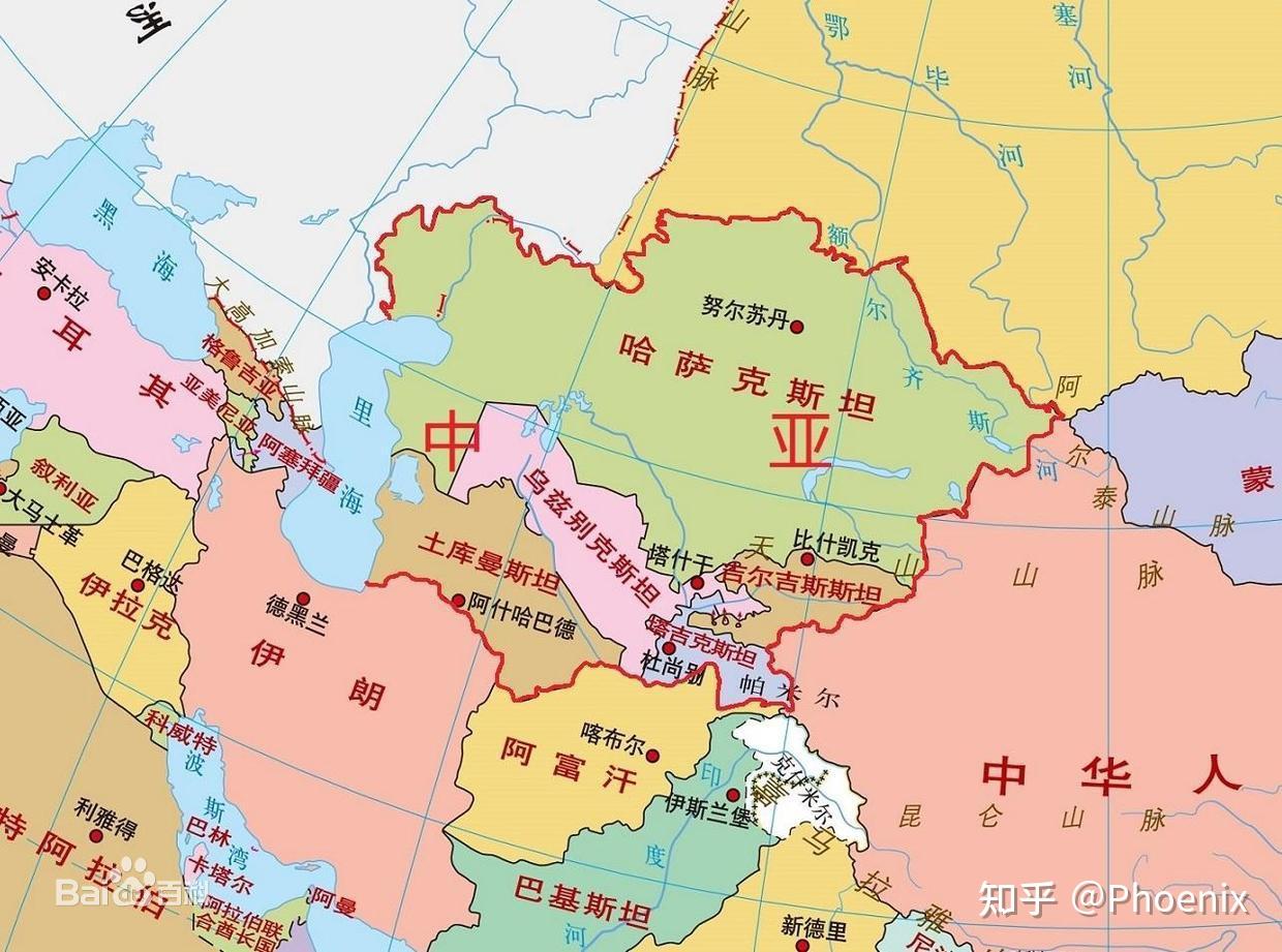 中亚五国,分别为哈萨克斯坦,吉尔吉斯斯坦,塔吉克斯坦,土库曼斯坦