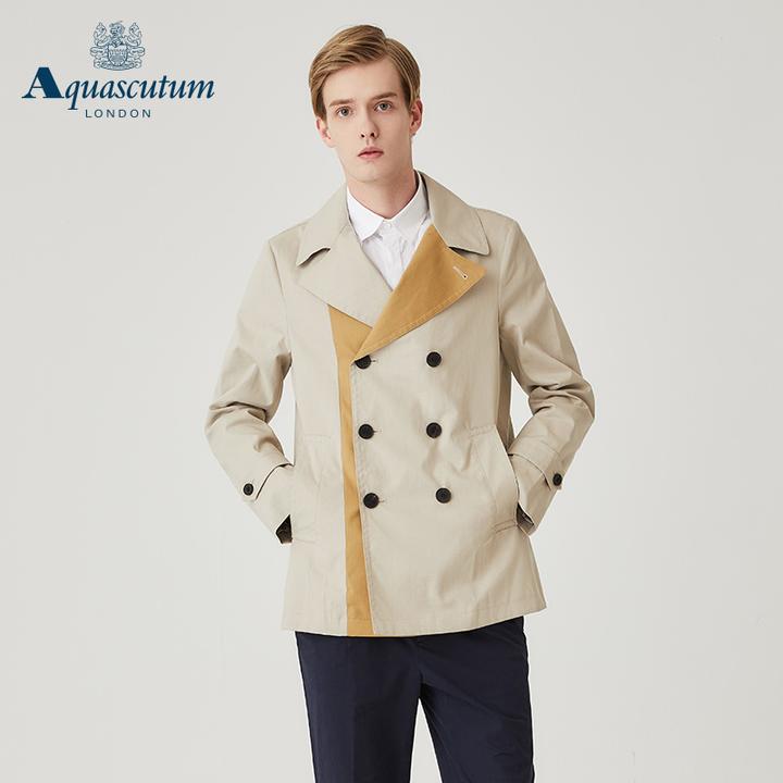 aquascutum/雅格狮丹春夏款英伦风撞色男士双排扣风衣