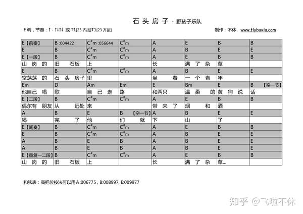 吉他谱石头房子野孩子乐队专辑版