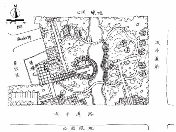 一个方向平铺淡色草地,依据铺装形态平铺淡色铺装,沿水岸线自由画