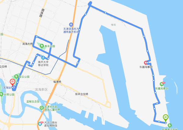 天津高铁滨海站513路公交车路线:07:00-19:00:东疆纪念公园→东疆邮*