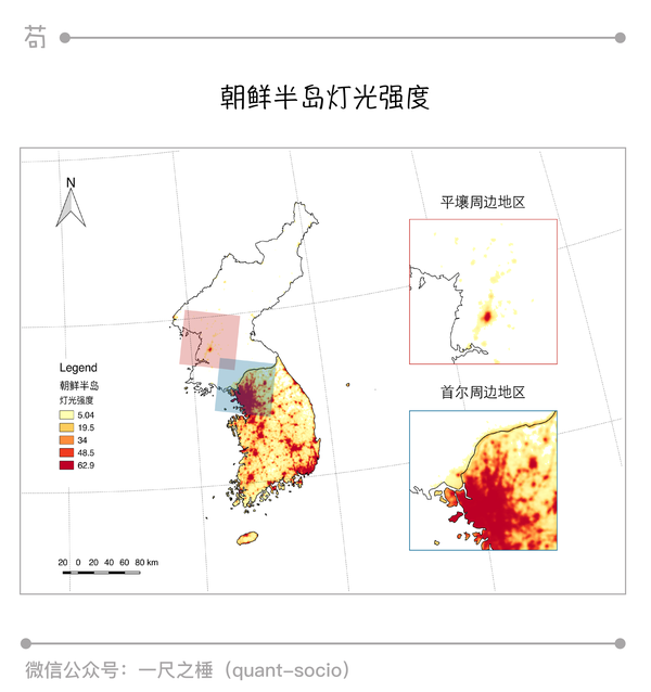 根据带有灯光灰度值信息的栅格图片制作热力图,朝鲜半岛的灯光亮度